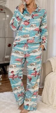 Nick & Nora Pajama 2 Piece Set Blue Flamingo M